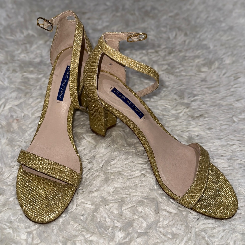 Stuart Weitzman Gold Glitter Strappy Block Heel Sandals